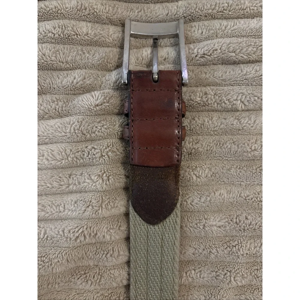 PGA Tour Tan Canvas Webbing Golf Belt Mens 34 Brown Leather Silver Buckle